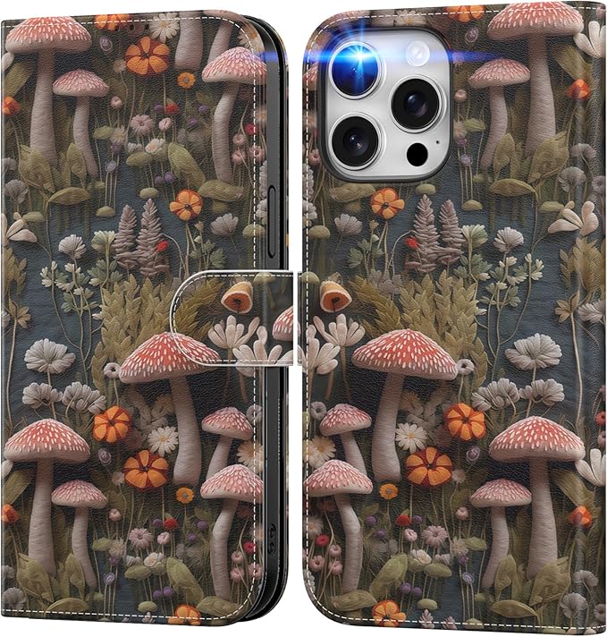 DEENAKIN for iPhone 15 Pro Max Wallet Case with Card Holder + Cash Clip, RFID-Blocking, Military-Grade Drop Protection, Magnetic Closure with Leather Kickstand - Mushroom Floral