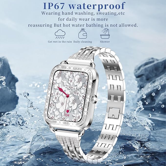 Smart Watch for Women Diamonds(Answer/Make Call),1.29''HD Touch Screen Smart Watch Android,Fitness Tracker with Heart Rate/Blood Oxygen/Sleep Monitor,Waterproof Smartwatch 3 Strap (Diamond Silver)