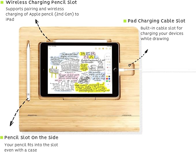 ELETIUO Tablet Desktop Stand Height Adjustable,Foldable Bamboo Drawing Ipad Holder,Multi-Angle Portable Stand Organizer,Compatible with 12.9 inch ipad pro 3rd/4th Gen
