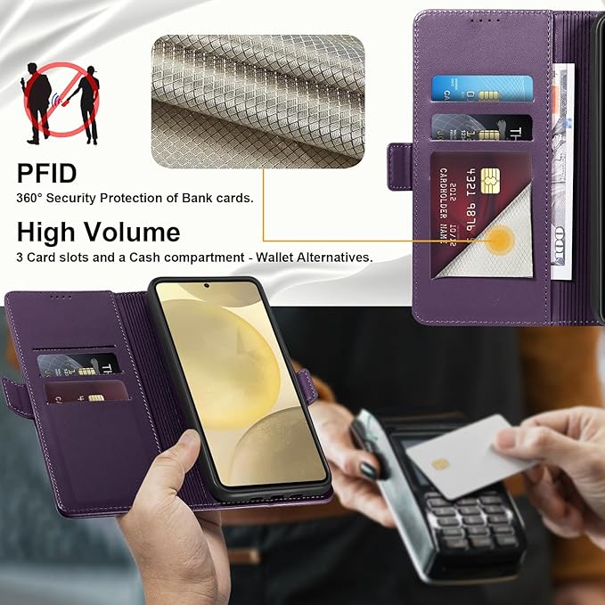 Wallet Flip Case for Samsung Galaxy S25 5G - [RFID Blocking] Luxury PU Leather Card Holder Magnetic Phone Cover with Kickstand,Shockproof Protective Case,Purple