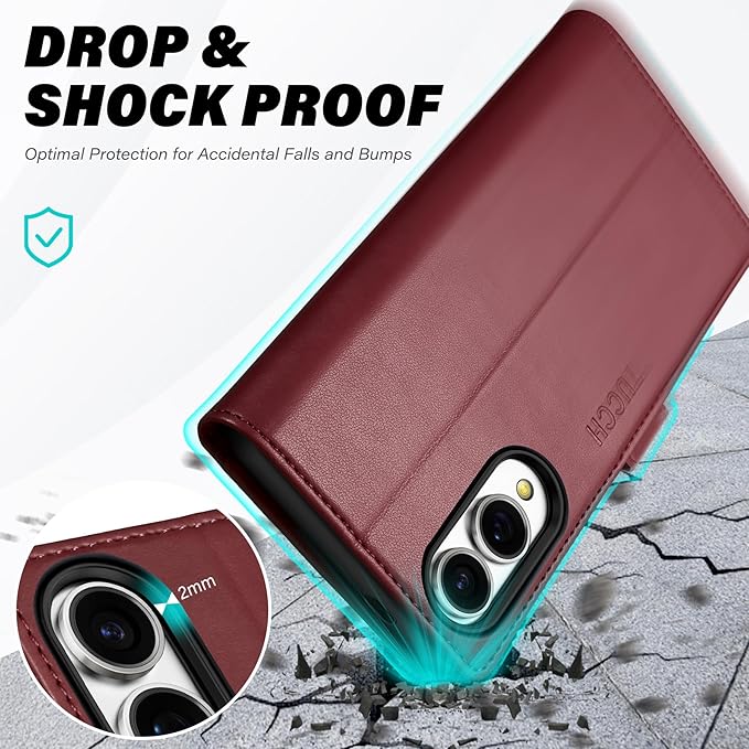 TUCCH Wallet Case for Galaxy S25 Edge, Magnetic Kickstand RFID Blocking [4 Card Slots] Folio PU Leather Protective Flip Cover with TPU Shockproof Inner Case Compatible with Galaxy S25 Edge, Dark Red
