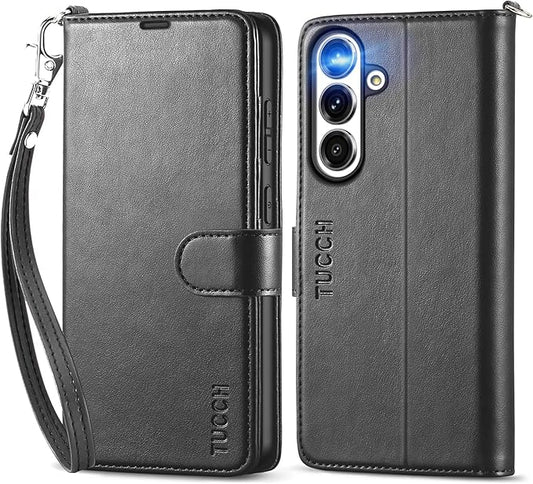 TUCCH Wallet Case for Galaxy S25 Plus with [Wrist Strap] TPU Shockproof Interior Case [RFID Blocking] Stand Card Slot, Magnetic PU Leather Cover Compatible with Galaxy S25 Plus, Black with Wristlet