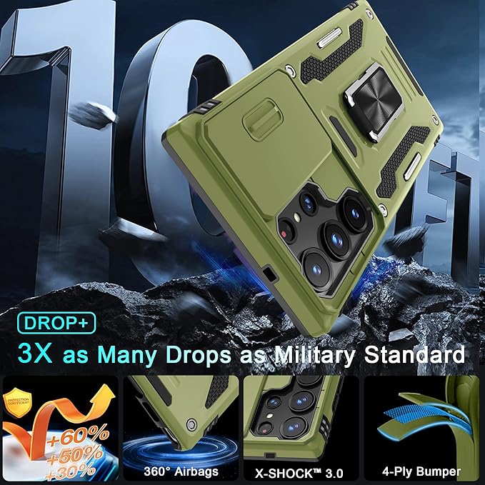 DEERLAMN Case for Samsung Galaxy S25 Ultra with Slide Camera Cover+Screen Protector (1 Pack), Rotated Ring Kickstand Military Grade Shockproof Protective Cover-Olive Green