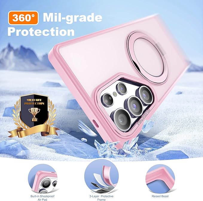 for Samsung Galaxy S25 Ultra Case with 360°Rotatable Magnetic Ring Stand Compatible with Mag-Safe Military Protection Shockproof Matte Translucent Phone Cases for S25 Ultra 6.9",Pink