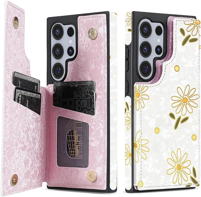 NNH Compatible with Samsung Galaxy S25 Ultra Wallet Case with RFID Blocking Card Slots Flip PU Leather Kickstand Double Magnetic Clasp Design Cover for Galaxy S25 Ultra(6.8 inch-White Little Daisy)