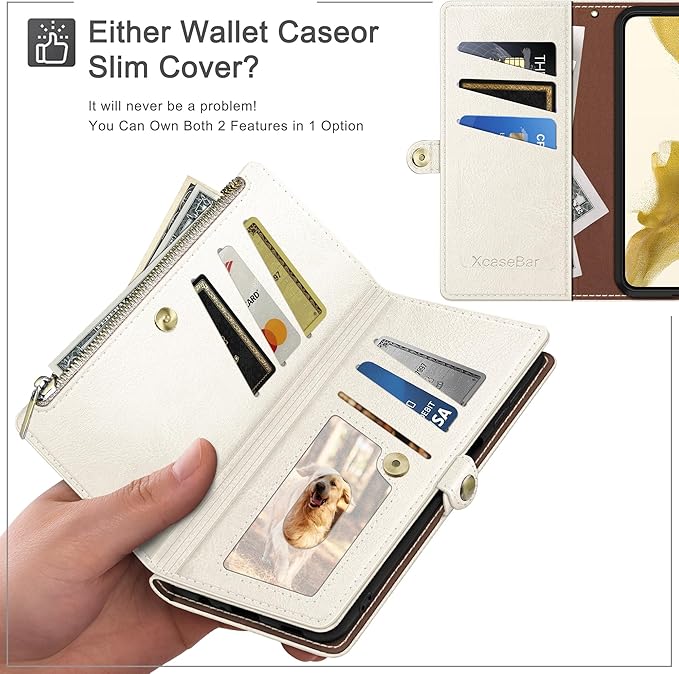 XcaseBar Compatible with iPhone 17 6.3" Wallet case with Zipper Credit Card Holder【RFID Blocking】,Flip Folio Book PU Leather Phone case Shockproof Cover Women Men for Apple 17 case White