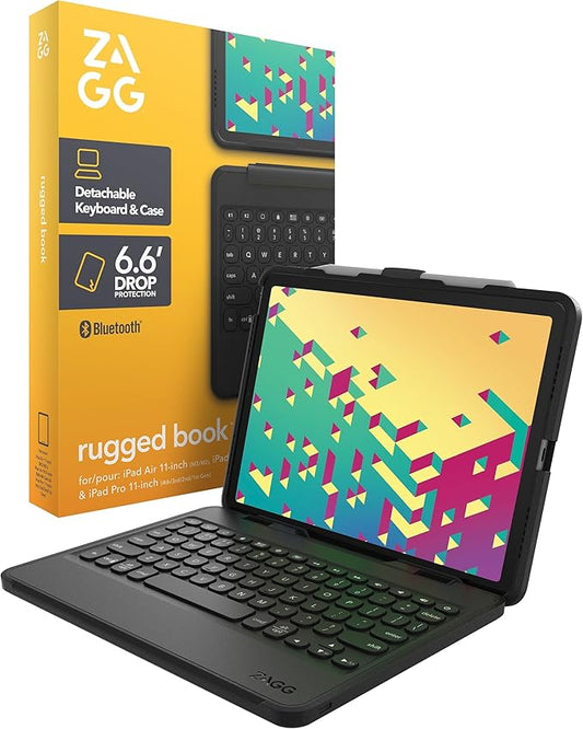 ZAGG Rugged Book Detachable Case and Magnetic-Hinged Keyboard for iPad Air 11" (M3)/ Air 11" (M2)/ iPad 10.9" (air 4th gen)/ 11" (1st & 2nd Gen), Bluetooth Pairing, Backlit Keyboard, Black