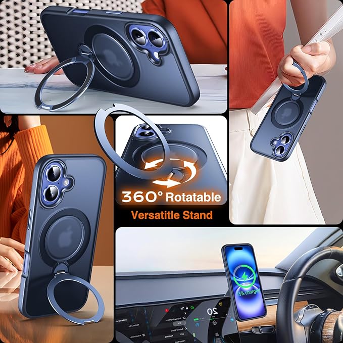 360° O-Ring MagStander for iPhone 16 Case with Magnetic Kickstand Ring Holder [Compatible with MagSafe][360°Rotate Stand Ring][Military Shockproof] Magnet iPhone 16 Phone Cover Matte Blue