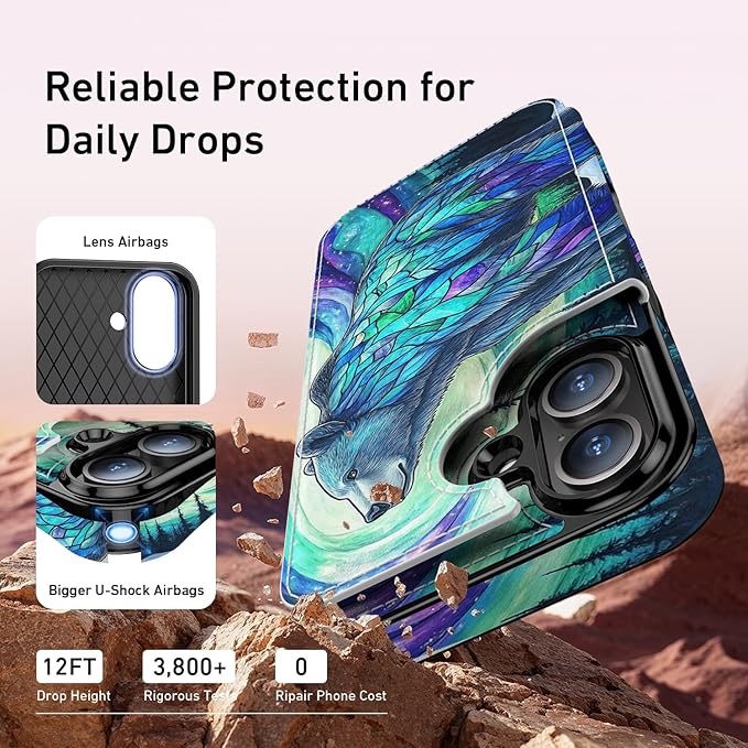 FUNMIKO for iPhone 16 Plus Wallet Case with Card Holder, RFID-Blocking, Military-Grade Protection & UV-Printed Artwork, Magnetic Closure with Leather Kickstand - Prismatic Aurora Bear