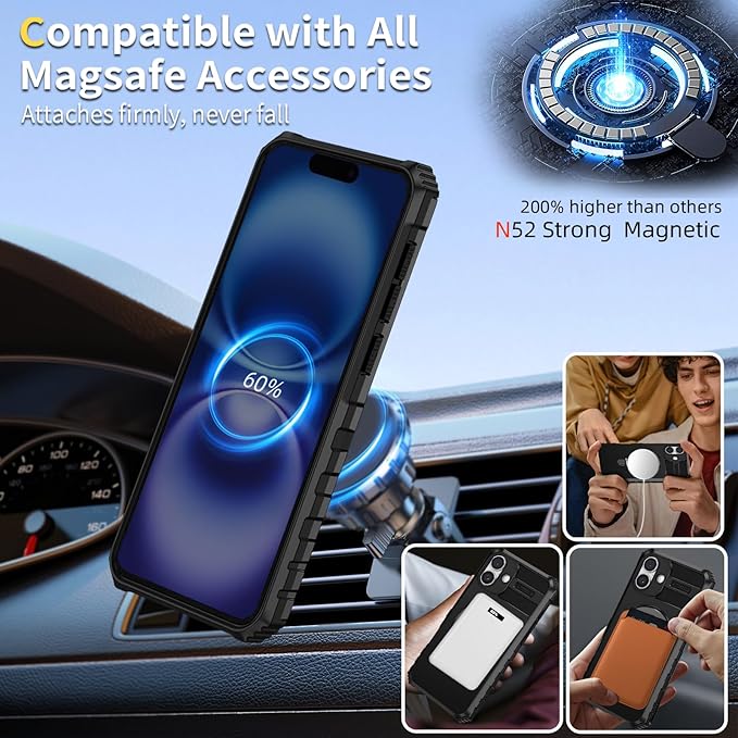 for iPhone 16 Case Magnetic Compatible with MagSafe Wireless Charging,with 2 Screen Protectors,Built-in Kickstand Ring,Shockproof Shock-Absorbent Scratch Resistant Heavy Duty Protection Black