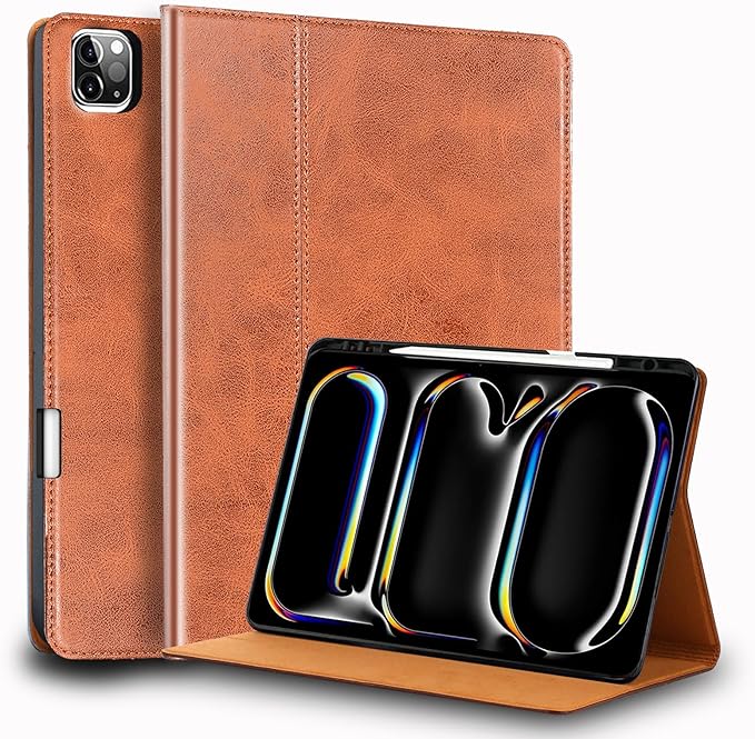 for Ipad Pro 11-inch Case M4 5th Gen 2024(Model:A2836/A2837) Genuine Leather Cover Protective Shell,Built-in Pencil Holder and Auto Wake/Sleep.Brown