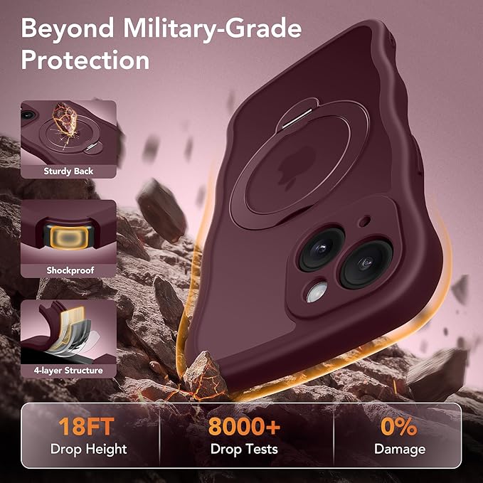 GolbinBox for iPhone 15 Case for Women,[Compatible with Magsafe][360° Spin Magnetic Stand][Cute Wave Edge][Military-Grade Protection] Translucent Matte Phone Case for iPhone 15, Wine Red