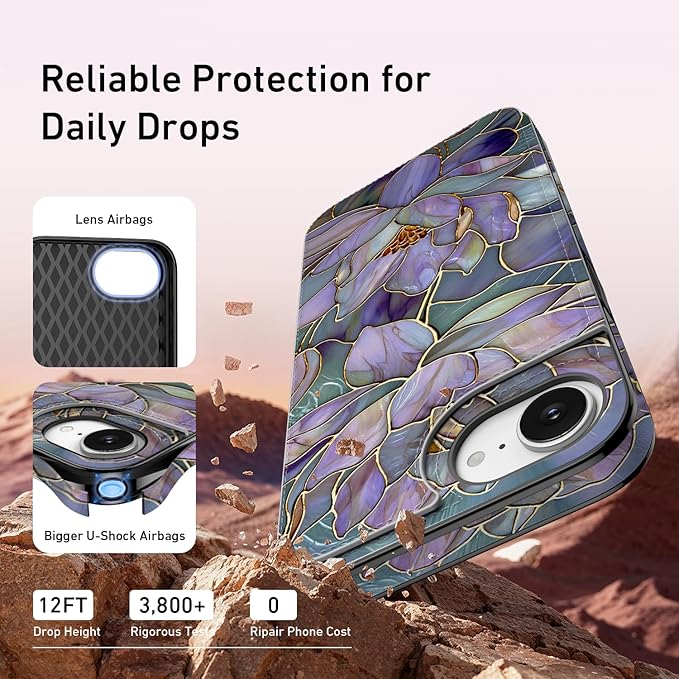 FUNMIKO for iPhone 16e Wallet Case with Card Holder, RFID-Blocking, Military-Grade Protection & UV-Printed Artwork, Magnetic Closure with Leather Kickstand - Dreamy Lotus