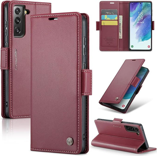 AUPAI for Samsung Galaxy S21 FE Wallet Case with Credit Card Holder, PU Leather RFID Blocking Folio Flip Kickstand Magnetic Clasp Protective Phone Cover for Women Men Wine Red