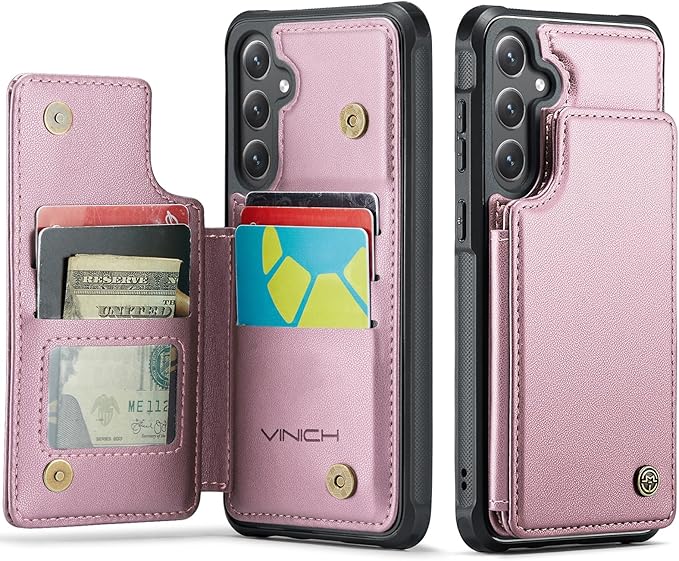 Vinich for Samsung Galaxy S24 FE Wallet Case with Card Holder, RFID Blocking Credit Slots Kickstand Shockproof Phone Cover for Women Men, Pink