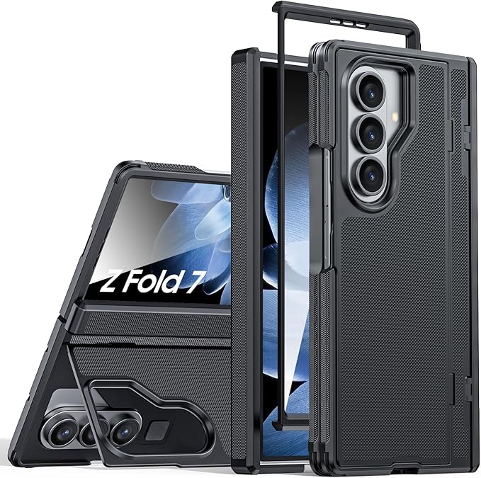 for Galaxy Z Fold 7 Case, Built-in Hidden Kickstand & HD Screen Protector & Hinge Protection, Slim Shockproof Military Grade Drop Protective Phone Case for Samsung Z Fold 7 (Black)