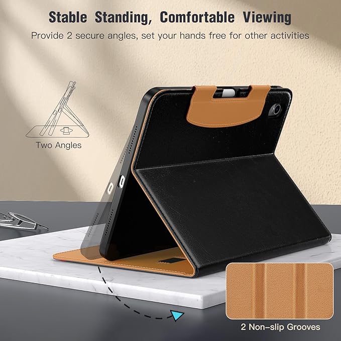 MoKo for iPad (A16) 11th Generation Case 11 inch 2025, iPad 10th Generation Case 10.9" 2022 with Pencil Holder & Pocket, Premium Leather Folio Stand Cover, Multiple Viewing Angles, Black Red Brown