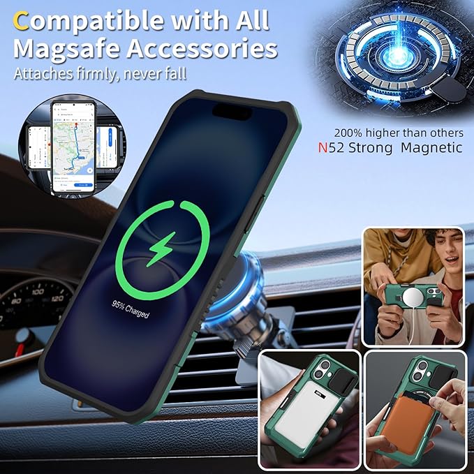for iPhone 16 Case Magnetic Compatible with MagSafe Wireless Charging,with 2 Screen Protectors,for 16 Case Built-in Kickstand+Camera Cover Anti-Scratch Shockproof Heavy Duty Protection Green