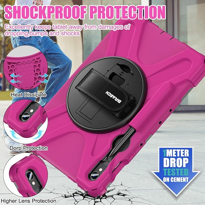 BRAECNstock for Samsung Galaxy Tab S10 Lite/ S10 FE/ S9 FE/ S9/ S8/ S7 5G Case 10.9"/11", Shockproof Protective Kids Case with Pencil Holder, Rotating Hand Strap & Stand, Shoulder Strap, Rose Red