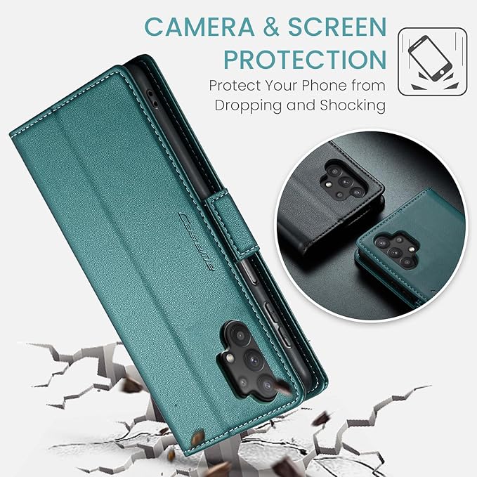 for Samsung Galaxy A32 5G Case, Premium PU Leather Wallet Case Flip Cover with [RFID Blocking][Card Holder][Stand Function] for Samsung Galaxy A32 5G (Non 4G Version), Blue-Green