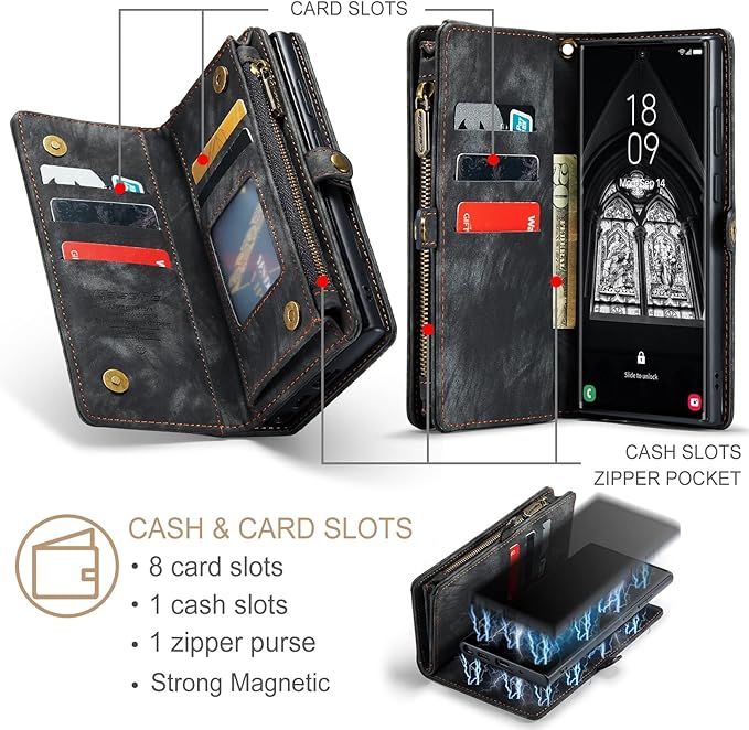 SZHAIYU 2 in 1 Detachable for Samsung Galaxy S23 Ultra Wallet Case with Card Holder, Retro Premium Flip Leather Cover Magnetic Zipper Pocket Phone Cases 6.8'' (Black,S23 Ultra)