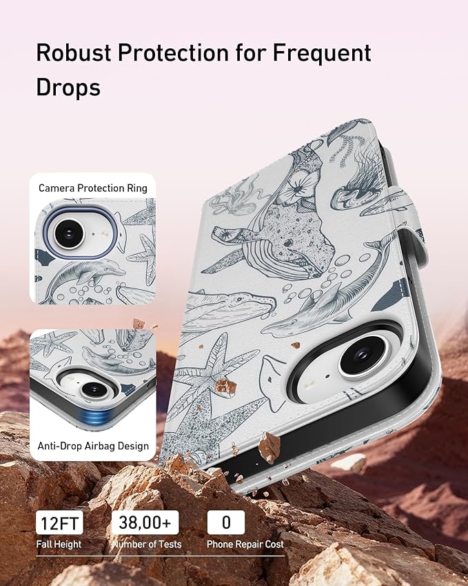 DEENAKIN for iPhone 16e Wallet Case with Card Holder + Cash Clip, RFID-Blocking, Military-Grade Drop Protection, Magnetic Closure with Leather Kickstand - Dynamic Marine Life