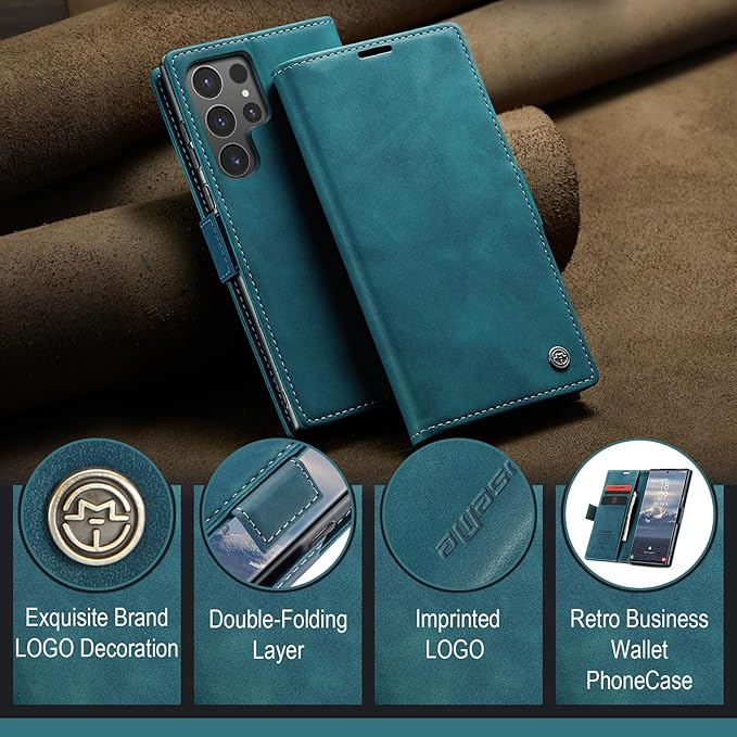 for Samsung Galaxy S24 Ultra Case, Flip Wallet Leather Case with Card Holder Magnetic Closure Shockproof Kickstand Protective Phone Cases Cover for Galaxy S24 Ultra 5G Cover,Blue-Green
