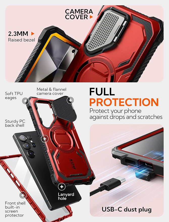 i-Blason Armorbox for Samsung Galaxy S25 Ultra Case MagSafe with Camera Cover Stand [Military Protection] Full-Body Heavy Duty Magnetic Phone Case with Screen Protector for S25 Ultra 6.9 inch, Red