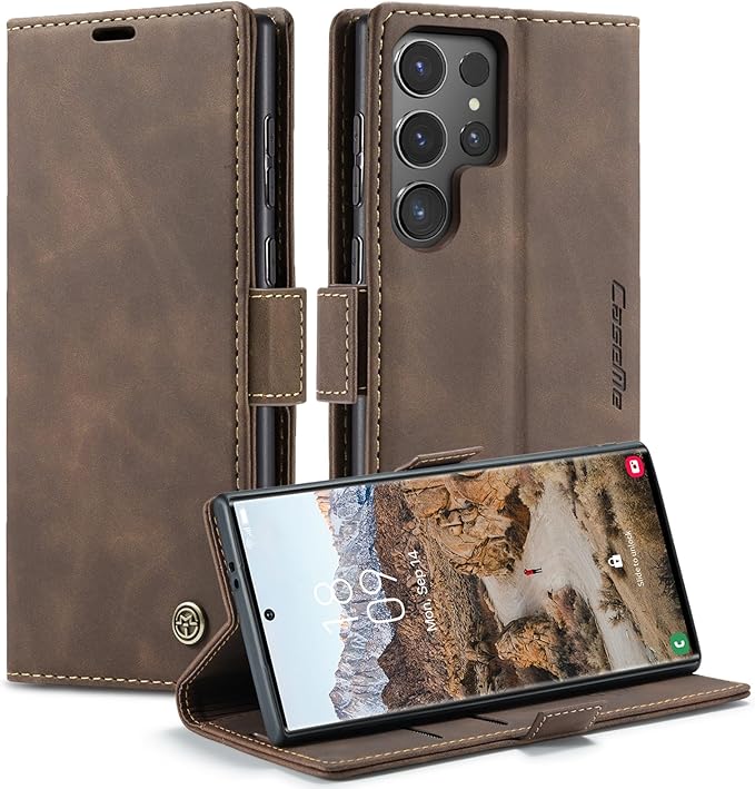 for Samsung Galaxy S24 Ultra Case, Flip Wallet Leather Case with Card Holder Magnetic Closure Shockproof Kickstand Protective Phone Cases Cover for Galaxy S24 Ultra 5G Cover,Coffee