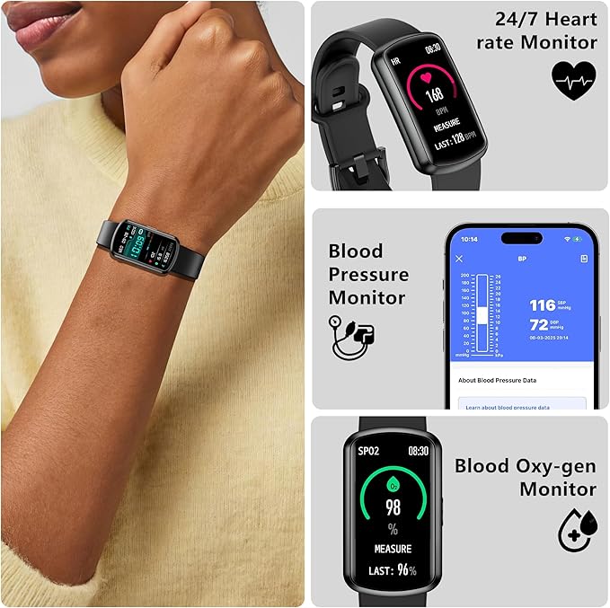 Health Fitness Tracker, Smart Watch with 24/7 Heart Rate and Blood Pressure Monitor, Activity Tracker with Blood Oxygen, 120 Sport Mode Waterproof Sleep Tracker for Women Men (Black)
