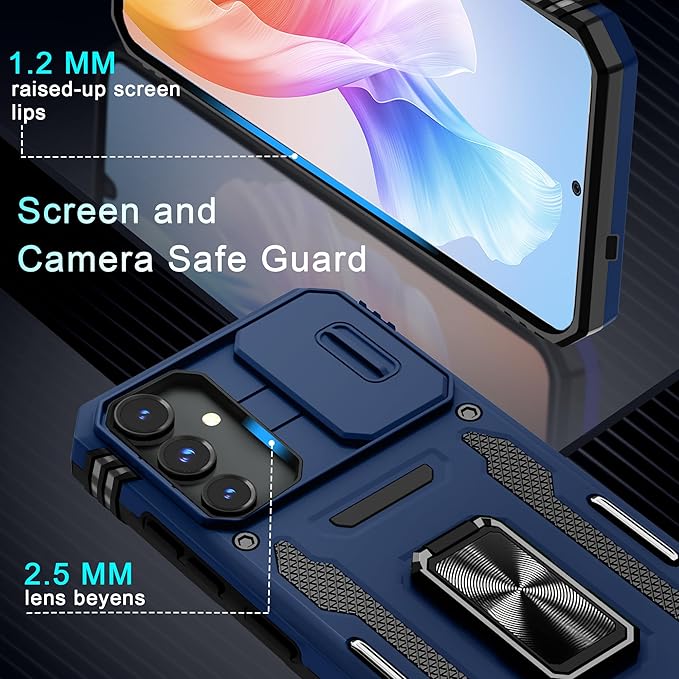 DEERLAMN Case for Samsung Galaxy S24+ Plus with Slide Camera Cover+Screen Protector (1 Pack), Rotated Ring Kickstand Military Grade Shockproof Protective Cover-Navy Blue