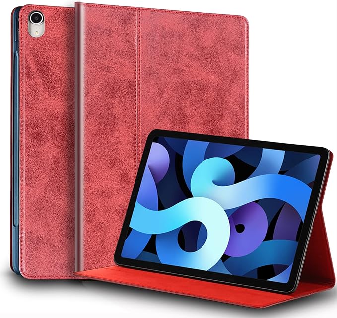 for Ipad Case Air 7th/6th Gen 11-inch M2/M3 2025/2024 and Ipad Air 5th/4th Gen 10.9-inch 2022/2020 Genuine Leather Cover Protective Shell,Auto Wake/Sleep.Red