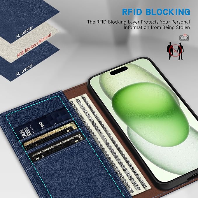 ZZXX for iPhone 15 Plus Wallet Case with [RFID Blocking] Card Slot Stand Strong Magnetic Leather Flip Fold Protective Phone Case for iPhone 15 Plus Case Wallet(Blue-6.7 inch)