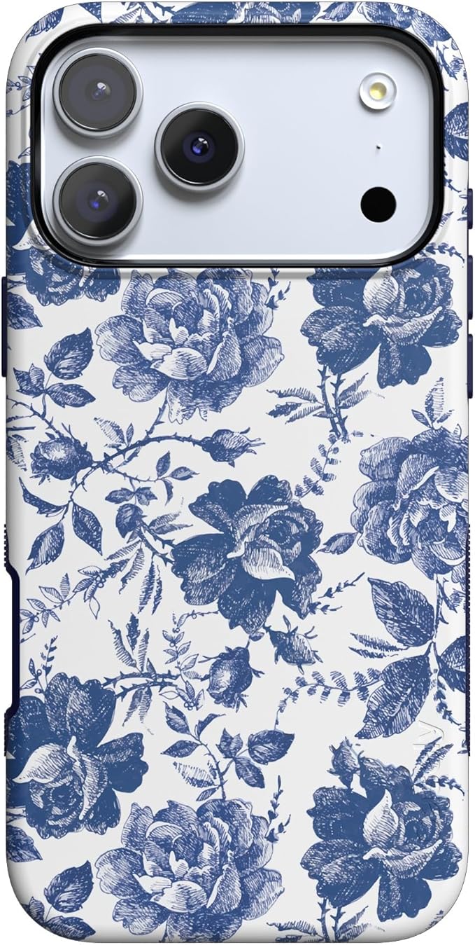 Casely iPhone 17 Pro Case | Rose to Fame | Blue & White Rose Floral | Compatible with MagSafe | Bold Protective Design