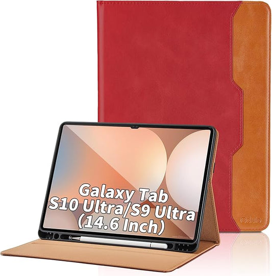 Case for Samsung Galaxy Tab S10 Ultra 2024/S9 Ultra 2023 14.6-Inch, Model SM-X920/X926B/X910/X916B, PU Leather Business Folio Cover with S Pen Holder and Pocket, Red