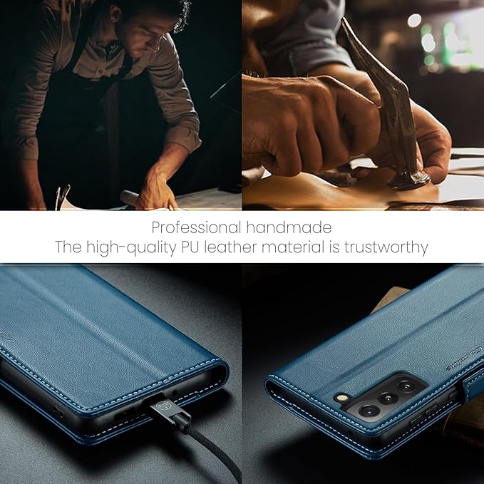 AUPAI for Samsung Galaxy S21 FE Wallet Case with Credit Card Holder, PU Leather RFID Blocking Folio Flip Kickstand Magnetic Clasp Protective Phone Cover for Women Men Blue