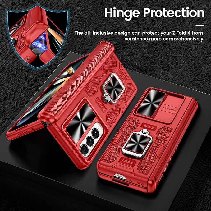 VEGO for Galaxy Z Fold 4 Case with Kickstand, Hinge Protection & Belt Clip Holster & Front Screen Protector & Slide Camera Cover Magnetic Kickstand Cover - Red