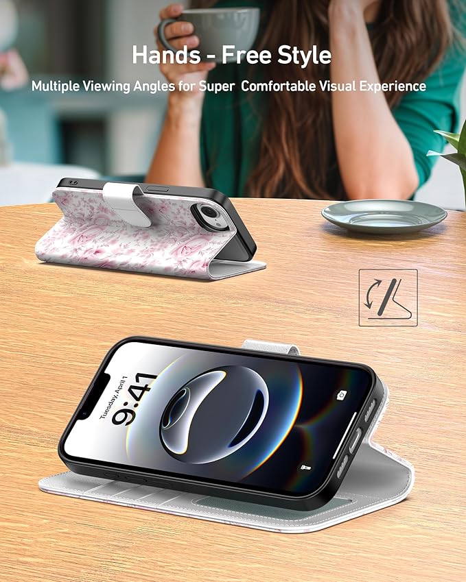 DEENAKIN for iPhone 16e Wallet Case with Card Holder + Cash Clip, RFID-Blocking, Military-Grade Drop Protection, Magnetic Closure with Leather Kickstand - Blooming Pink Roses