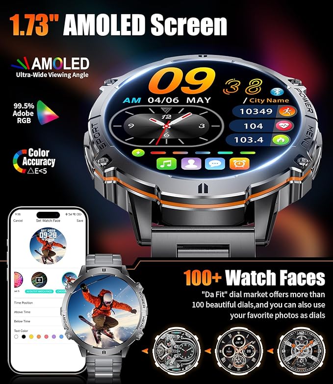 LIGE Smart Watches for Men with 900mAh Battery(60+Standby),1.73" AMOLED with Bluetooth Call,110+ Sports Mode Tactical Fitness Tracker/Heart Rate Sleep Health Monitor/Android iOS Military Smart Watch