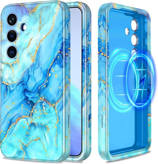 Casetego for Galaxy S24 Case,Compatible with MagSafe,[Military Grade Drop Test] Full Body Protection Slim Shockproof Rugged Marble Women Case for Samsung Galaxy S24 6.2 inch,Light Blue