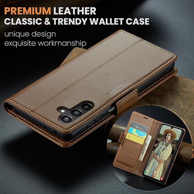 for Samsung Galaxy A15 4G/5G Case, Premium PU Leather Wallet Case Flip Cover with [RFID Blocking][Card Holder][Stand Function] Shockproof Protective for Samsung Galaxy A15, Brown