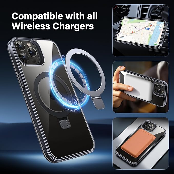 Magnetic Case for iPhone 14 Pro - [Built-in Invisible Stand] [Compatible with MagSafe] [Military Grade Drop Protection] Anti-Yellowing Hard Back Silicone Edge Cover, 6.1", Clear Black