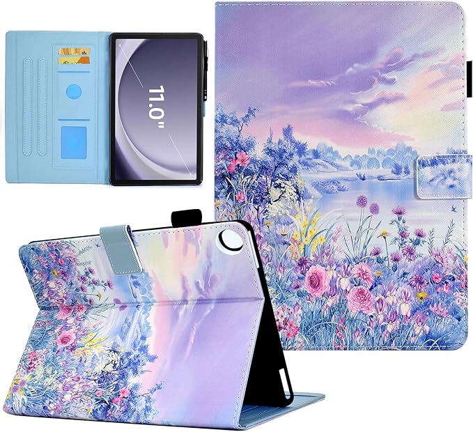 Case for Galaxy Tab A9+/A9 Plus 11 Inch 2023 (SM-X210/X216/X218), Funut PU Leather Folio Cover Multi-Angle Stand with Auto Wake/Sleep Case for Samsung Galaxy Tab A9 Plus/A9+ Tablet, Purple Flower Sea