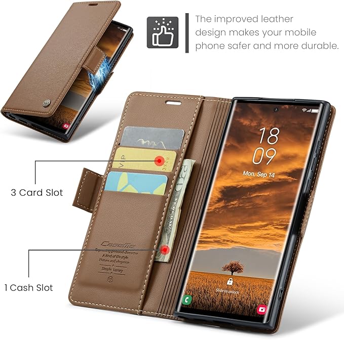 AUPAI for Samsung Galaxy S22 Ultra Wallet Case with Credit Card Holder, PU Leather RFID Blocking Folio Flip Kickstand Magnetic Clasp Protective Phone Cover for Women Men Brown