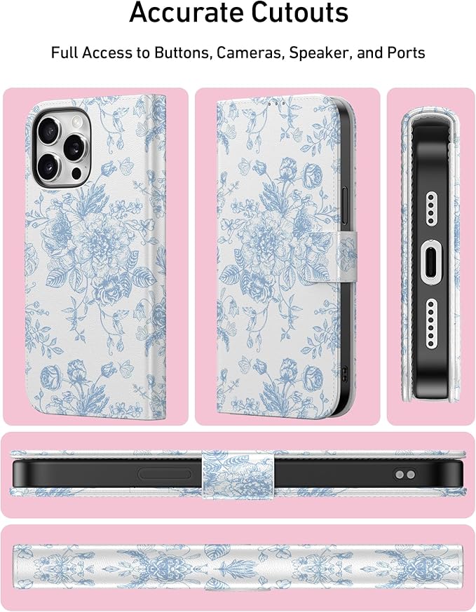 DEENAKIN for iPhone 15 Pro Max Wallet Case with Card Holder + Cash Clip, RFID-Blocking, Military-Grade Drop Protection, Magnetic Closure with Leather Kickstand - Blue Floral Design