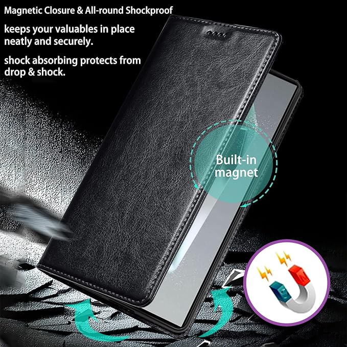 for Samsung Galaxy S25 Genuine Leather Wallet Case, Built-in Card Holder [RFID Blocking] & Kickstand, Protective Shockproof Phone Case for S25, Black