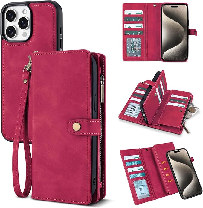 TwoHead Wallet Case Compatible with iPhone 15 Pro Max,Detachable Magnetic Phone Case,All-Round Shockproof Protective Leather Phone Case with Card Holder,6.7 in,Wine Red