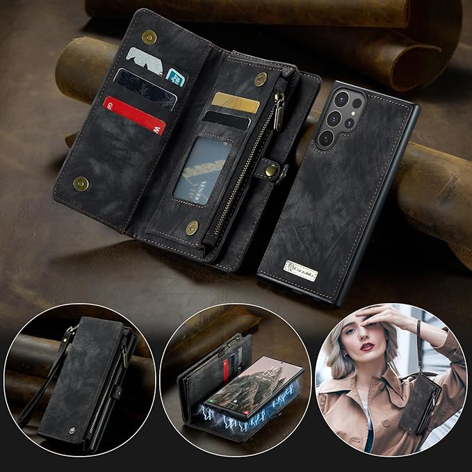 SZHAIYU 2 in 1 Detachable for Samsung Galaxy S25 Ultra Wallet Case with Card Holder, Retro Premium Flip Leather Cover Magnetic Zipper Pocket Phone Cases 6.8'' (Black, S25 Ultra)