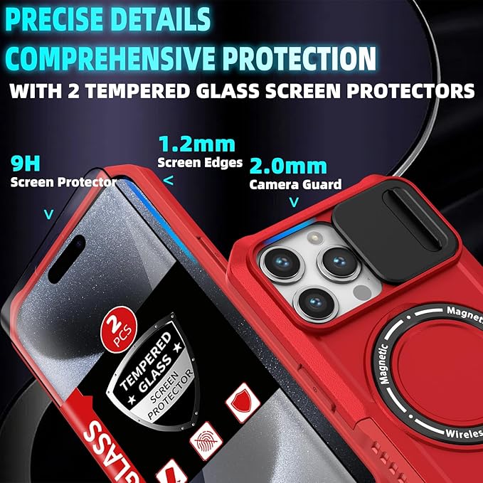 for iPhone 15 Pro Case Magnetic Compatible with MagSafe Wireless Charging,with 2 Screen Protector,Built-in Kickstand Ring,with Camera Cover Anti-Scratch Shockproof Heavy Duty Protection Red