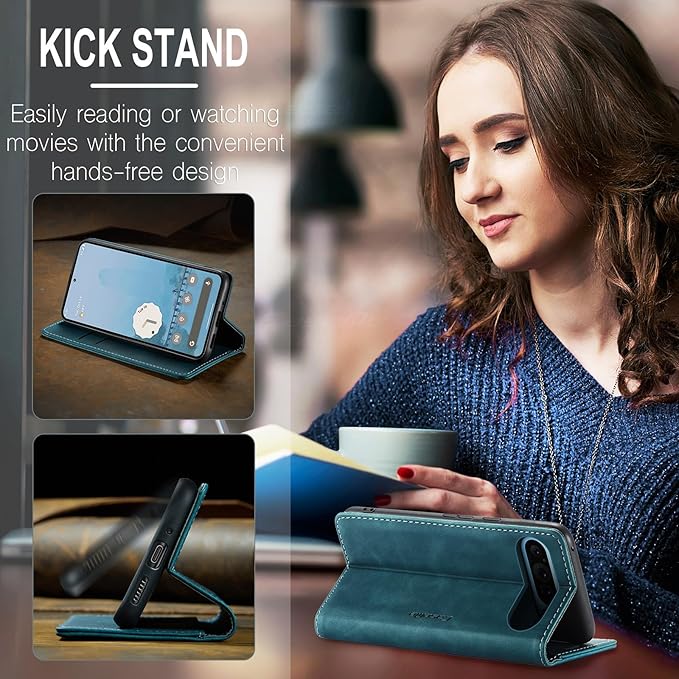 for Google Pixel 10 Pro XL/Pixel 9 Pro XL Case, Flip Wallet Leather Case with Card Holder Magnetic Closure Shockproof Kickstand Protective Phone Cases Cover, Blue-Green